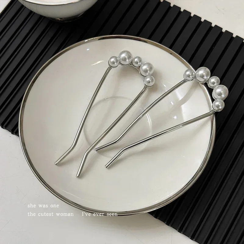 Horquillas coreanas de perlas en forma de U, pinzas para el cabello para mujer, horquillas de Metal de estilo , horquillas de perlas Vintage, herramientas de estilismo para el cabello,: Blanco lechoso