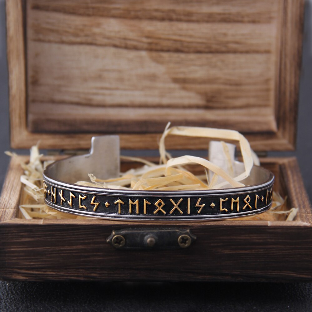 1pc Stainless Steel Men&#39;s Handmade Nordic Rune Bangle Viking Never Fade with wooden box as