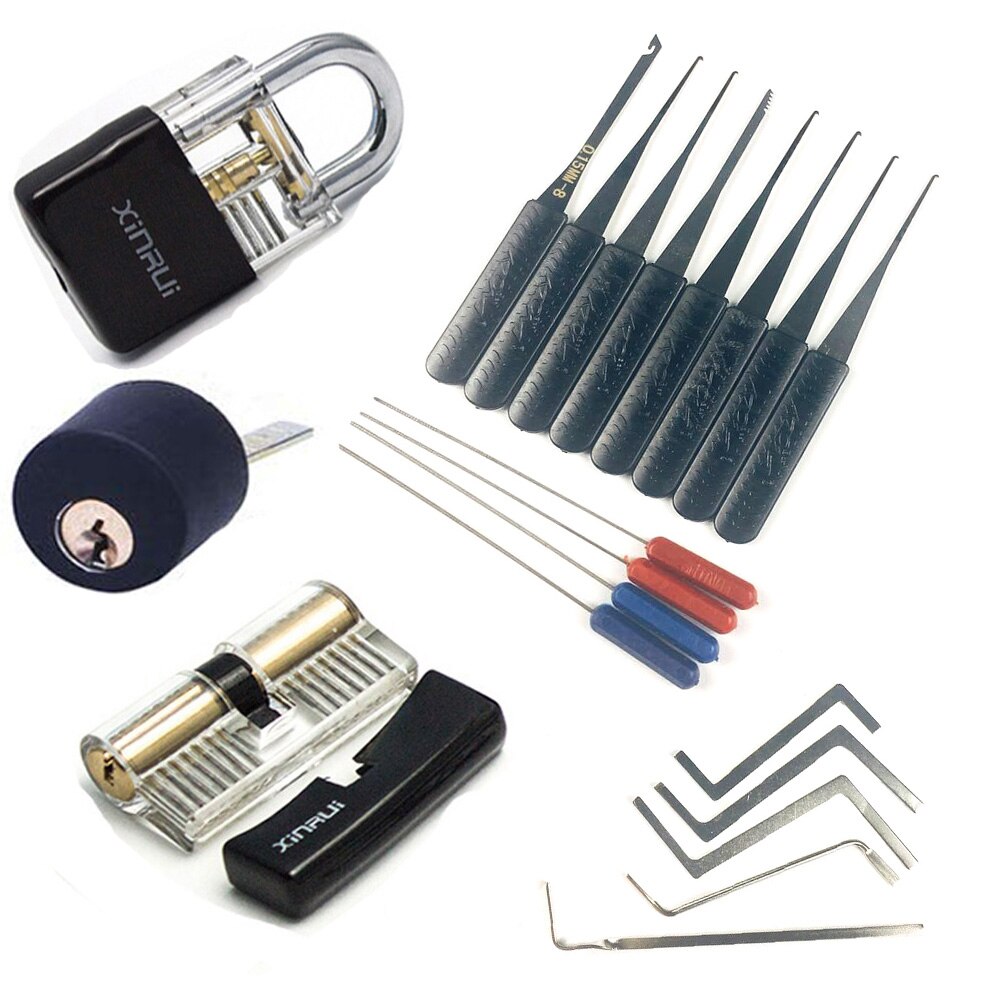 Slotenmaker Supply Praktijk Set,3Pcs/2 Stuks Transparante Lock Met Zwarte Cover,12Pcs Lock Verwijder Tool ,5Pcs Tension Wrench Tool