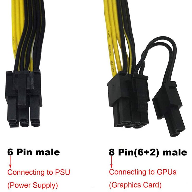 Cabo de extensão pci express, 6 pinos macho para 8(6 + 2), cabo de extensão macho pcie de servidor, 24 polegadas