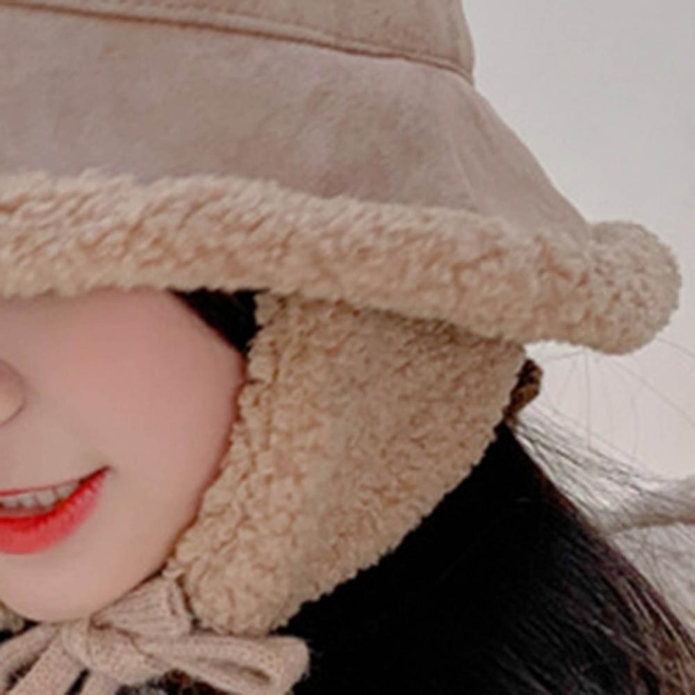 Women Hat Ear Flap Lace Up Bucket Hat Wide Brim Women Solid Color Cashmere Lined Fisherman Cap for Autumn Winter