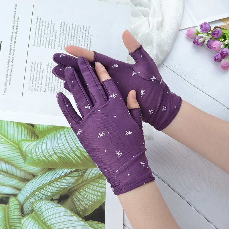 1 par de guantes de muñeca de protección solar a la , guantes elásticos de punto con dos dedos para mujer, mitones Vintage de tela para conducir: Púrpura