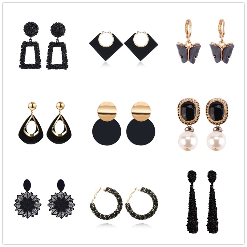 Pendientes colgantes de flor de Metal de Color negro Rock para mujer, aretes geométricos redondos con forma de corazón, hoja, mariposa, cristal, de joyas de