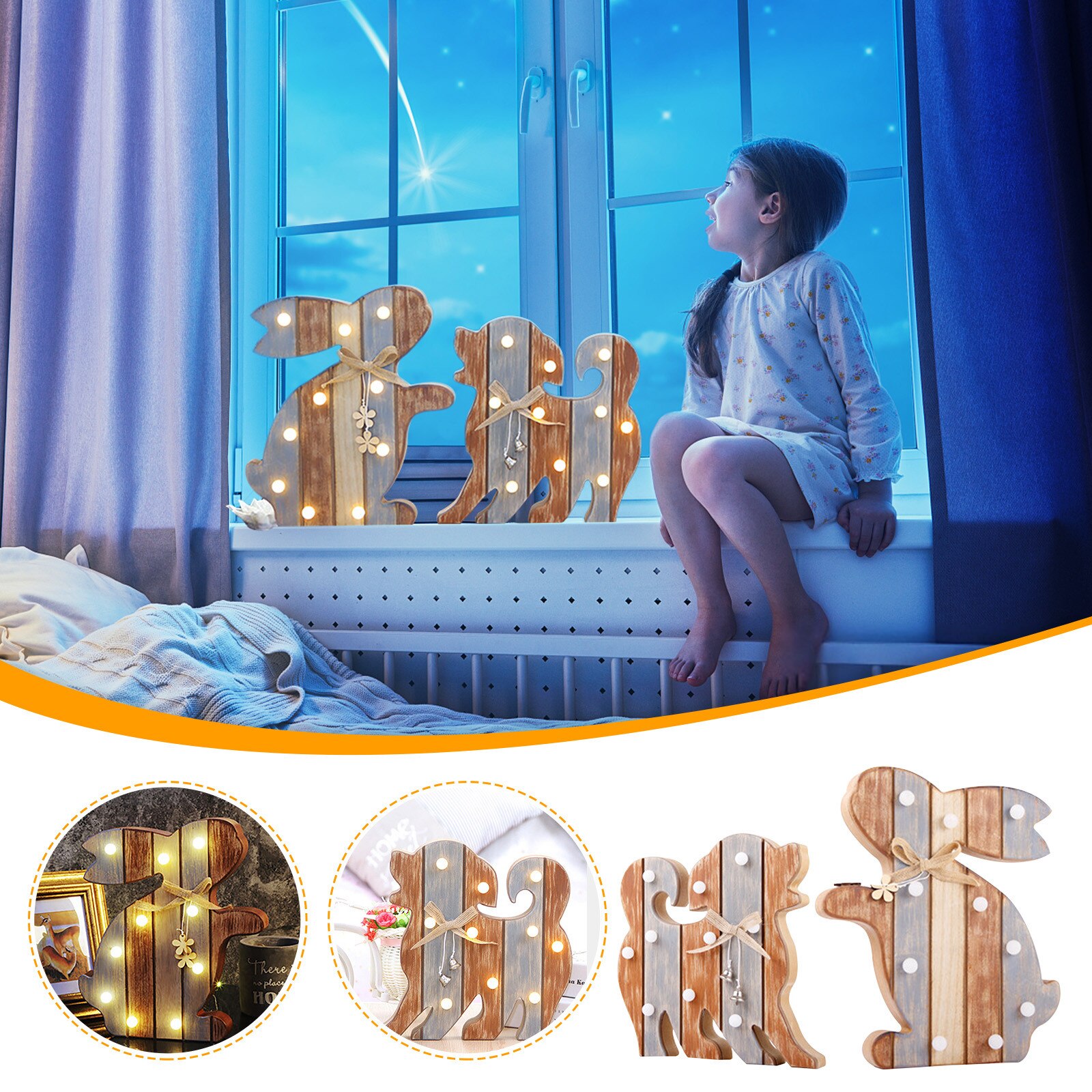 4 # Pasen Houten Ornamenten Met Lichten Konijn En Hond Decoraties Led Licht Ornament Home Diy Beeldjes Miniaturen Decoratie