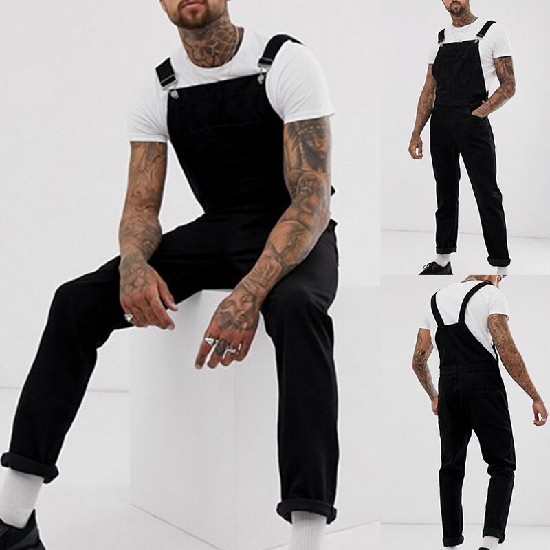 Jeans jumpsuit för herr svart jeans lång overall casual märkesbyxor herr hip hop streetwear jeans hängselbyxor