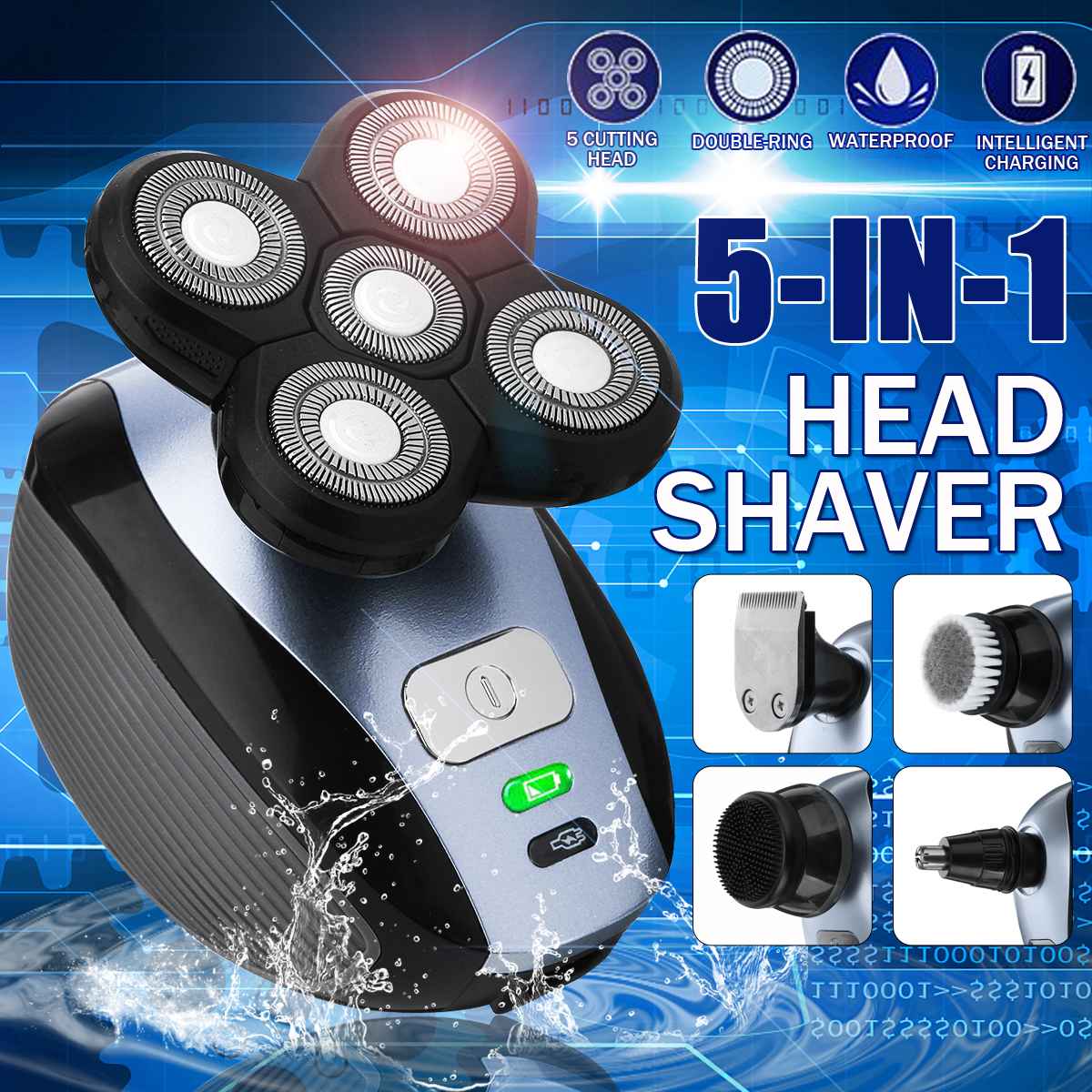 5 in 1 Multifunctional Electric Bald Head Shaver Rechargeable Trimmer 5 Head 4D Floating Head Cordless Groomer Men Hair Trimmer