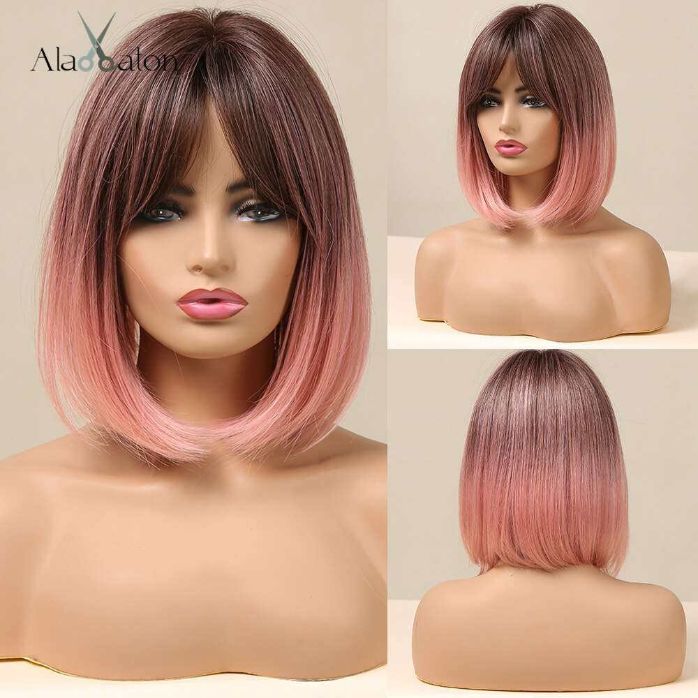 ALAN EATON Short Straight Ombre Black Brown Synthetic Wigs with Bangs for Women Bob Wig Heat Resistant Lolita Cosplay wig 12inc: ss184-1