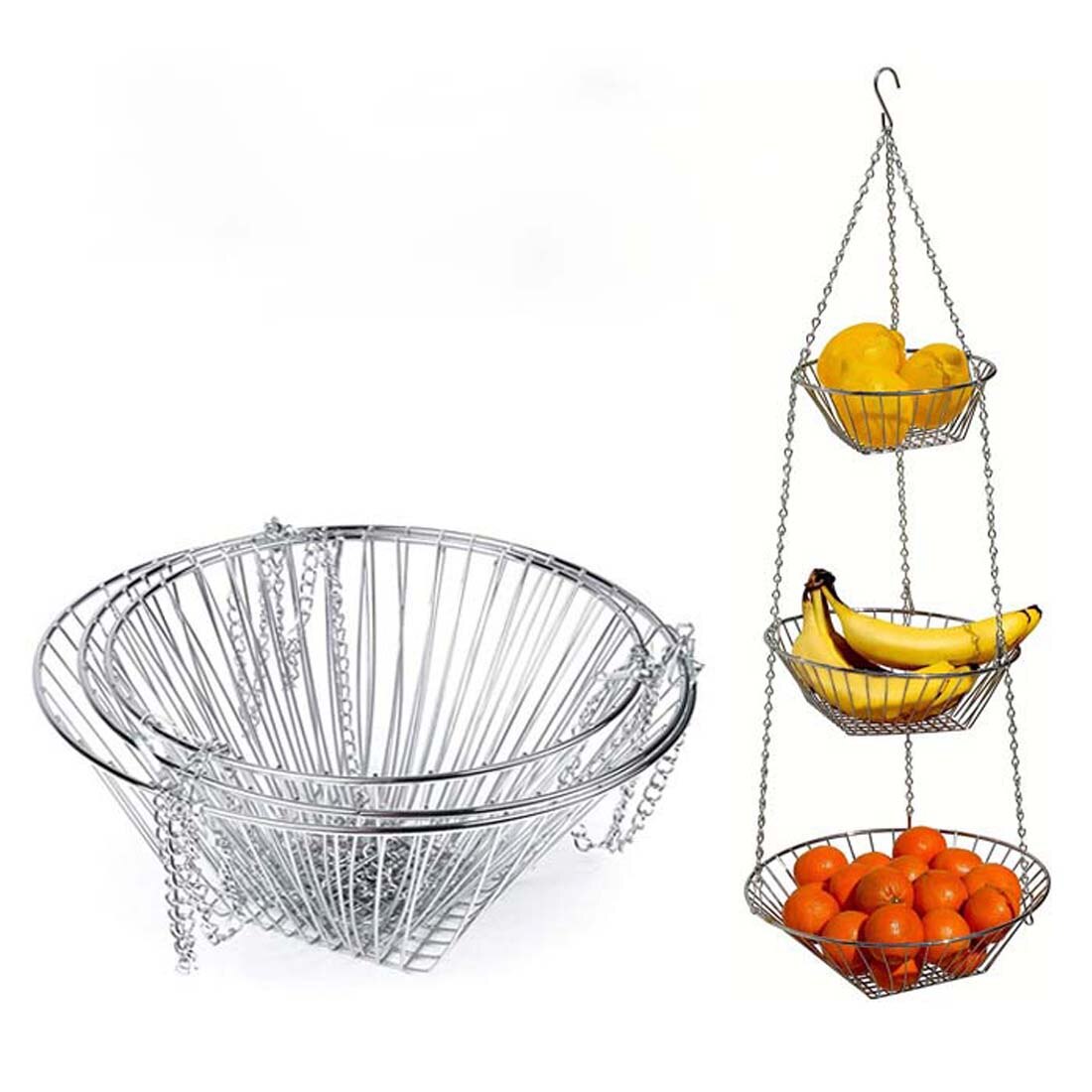 3 Tiers Wire Chain Hanging Basket Fruit Plant Food Organizer Kitchen Storage Wrought Iron Fruit Hanging Basket