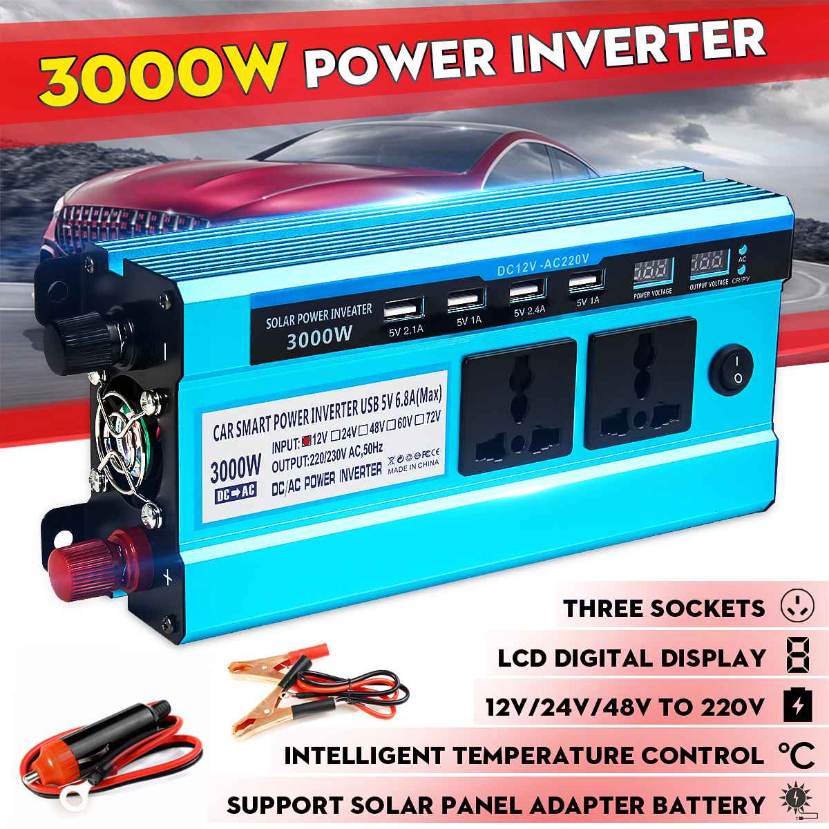 Inverter 12v 220v solenergi inverter 12v 24v 48v to 220v 3000w bil inverter spænding transformer converter 4 usb led display