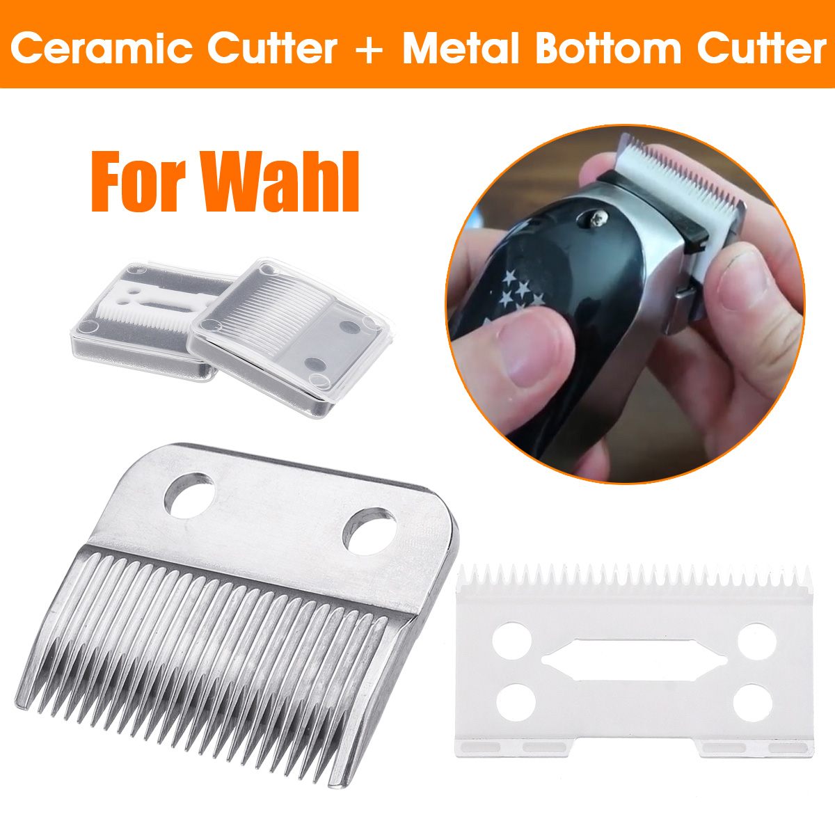 2Pcs Hair Beard Ceramic Blade Cutter + Metal Bottom Cutter Electric Shear Replacement For Wahl Electric Shear Clipper Set Silver