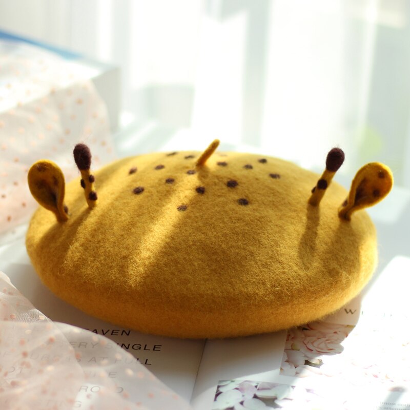 Skov elg øre søde kvinder piger baretter håndlavet uldfilt udendørs rejse baret hatte manuel fawn baret flad hætte blm 107: Orange