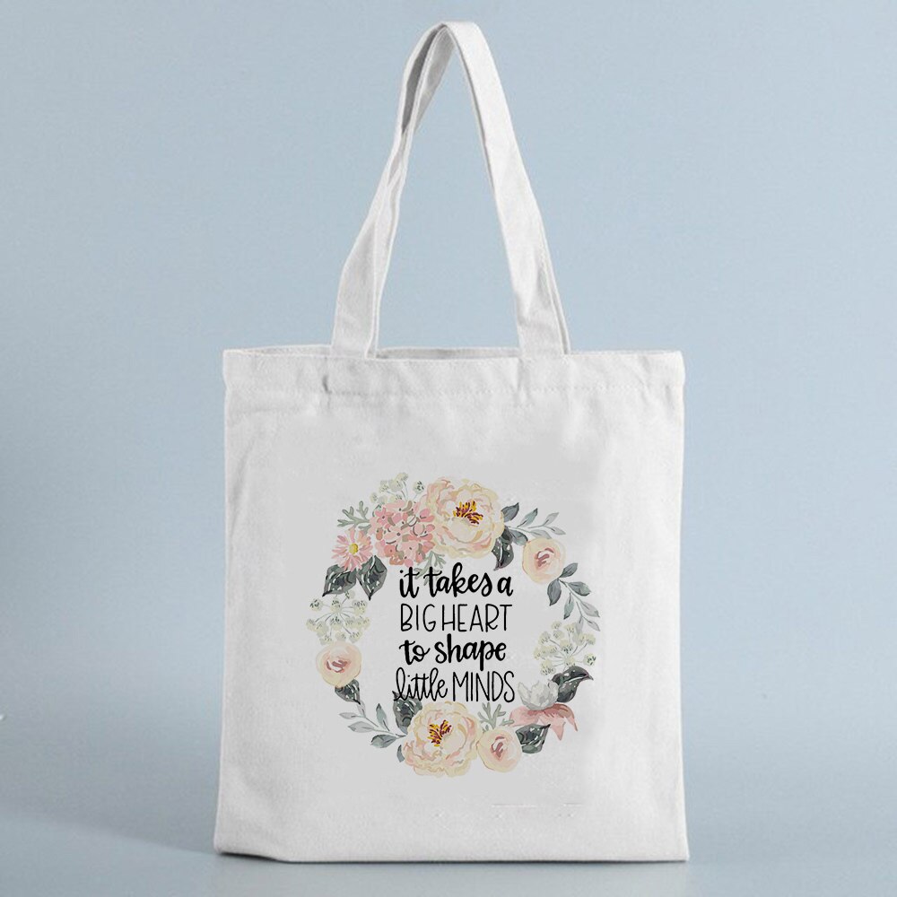 It Takes A Big Heart To Shape Little Mind Canvas Reusable Shopping Bag Teacher Shoulder Cloth Bags Shopper Tote Bag: B10827-TBWH-M