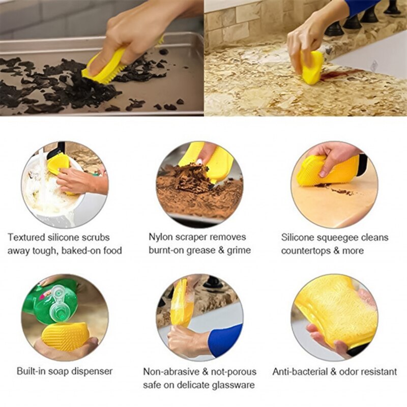 estropajo silicona Herramienta de limpieza de cocina, cepillo de esponja, tazón de silicona, cepillo de limpieza y lavado, plato, Bol, esponja, raspador con dispensador de jabón esponja de silicona para lavar platos