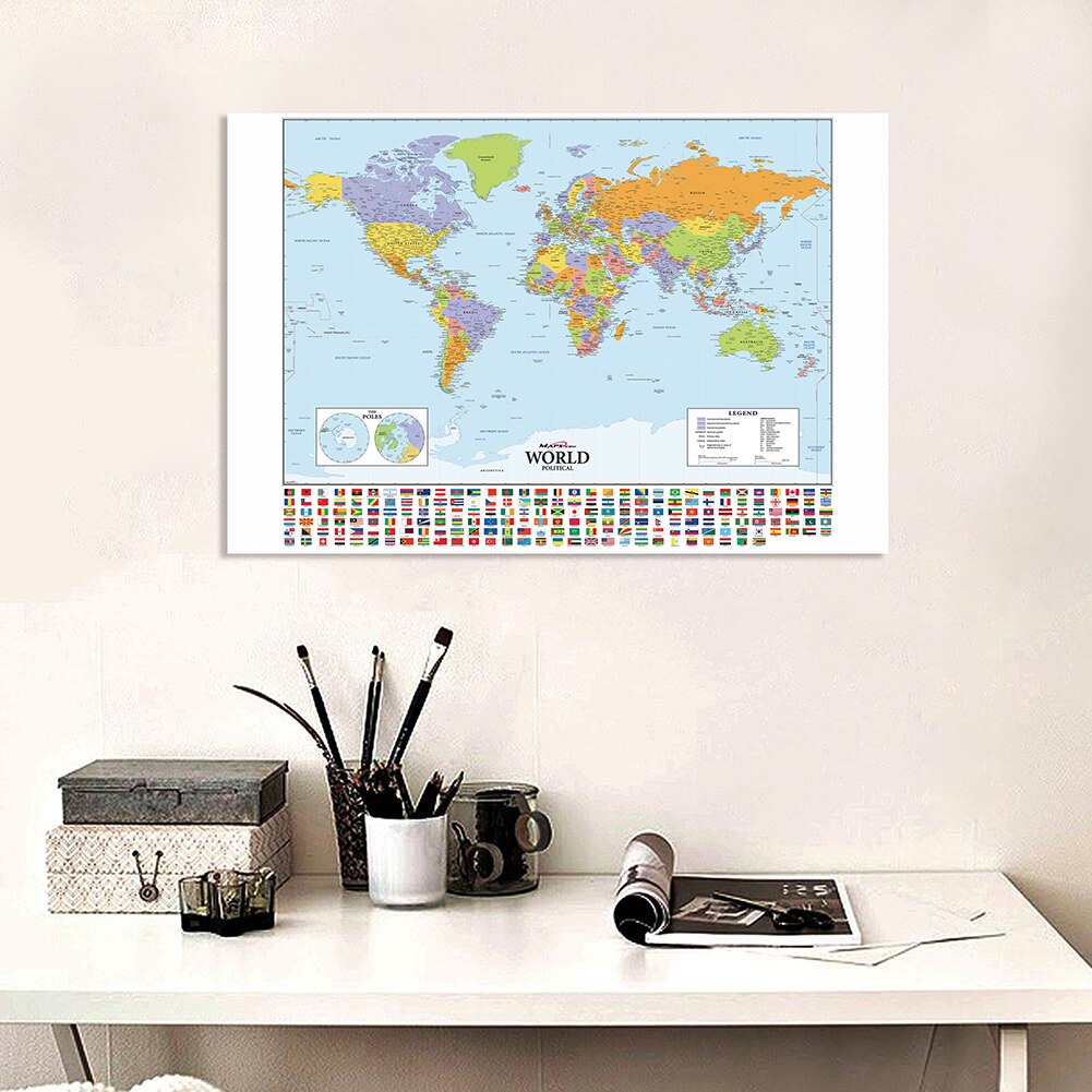 150*100cm Detailed Political Map of The World with National Flags Vinyl Canvas Painting Wall Poster Home Decor School Supplies