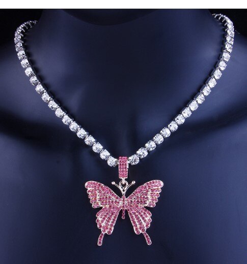 MosiMolly Rhinestone Butterfly Necklace Pendants Women Jewelery Neck Chain Choker Crystal: Pink White