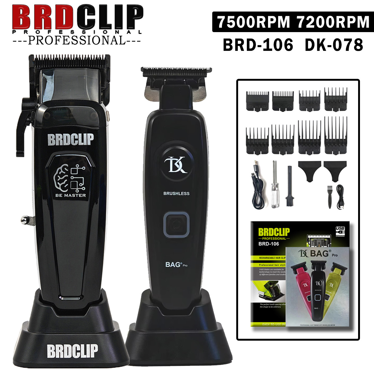 BRDCLIP 106 DK078 Professioneller Haarschneider 7500 U/min 7200 U/min Elektrischer Akku-Trimmer DLC-Klinge mit Ladestation Herrenfriseur