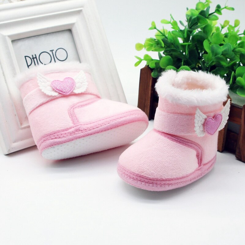 Botas antideslizantes para bebé de 0 a 18M, zapatos de invierno para niño y niña, botas de nieve de algodón con amores, botas de tubo medio: Rosa / 13-18 meses