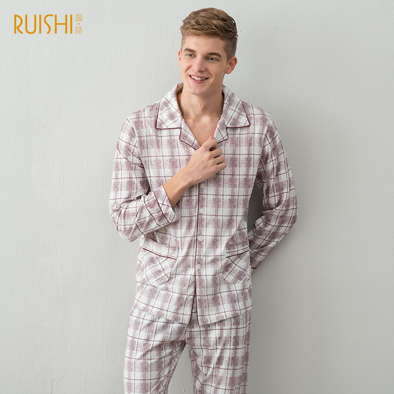 100% katoen Mannen pyjama set lente en herfst mannen pyjama Turn-down kraag lange mouwen nachtkleding nachtkleding thuis kleding