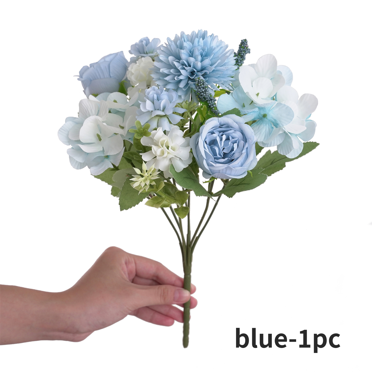 Ramo de flores artificiales realista de 1/4 Uds., ramos reutilizables de hortensias y crisantemos de peonía sintética con tallo, decoración para la habitación del hogar: Azul