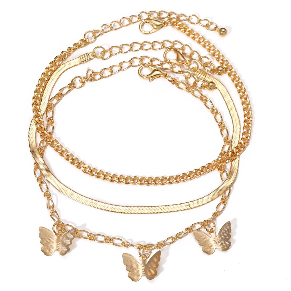 17KM BOHO 5 Teile/satz Gold Kette Fußkettchen einstellen für Frauen Jahrgang mehrschichtig Kristall Fußkettchen Strand Schmetterling Fuß Armbinde Schmuck: CS51457