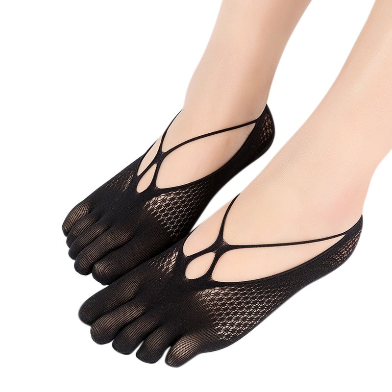 Five-finger Sock Women Slippers Velvet Summer Mesh Breathable Invisible Shallow Silicone Boat Socks Cross-hole Style
