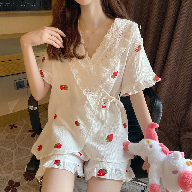 Japansk pyjamas til kvinder sommer bomuldsskåret pyjamas med jordbærprint kimono pyjamas komfortabelt nattøj 2 -delt sæt hjemmedragt: Caomei