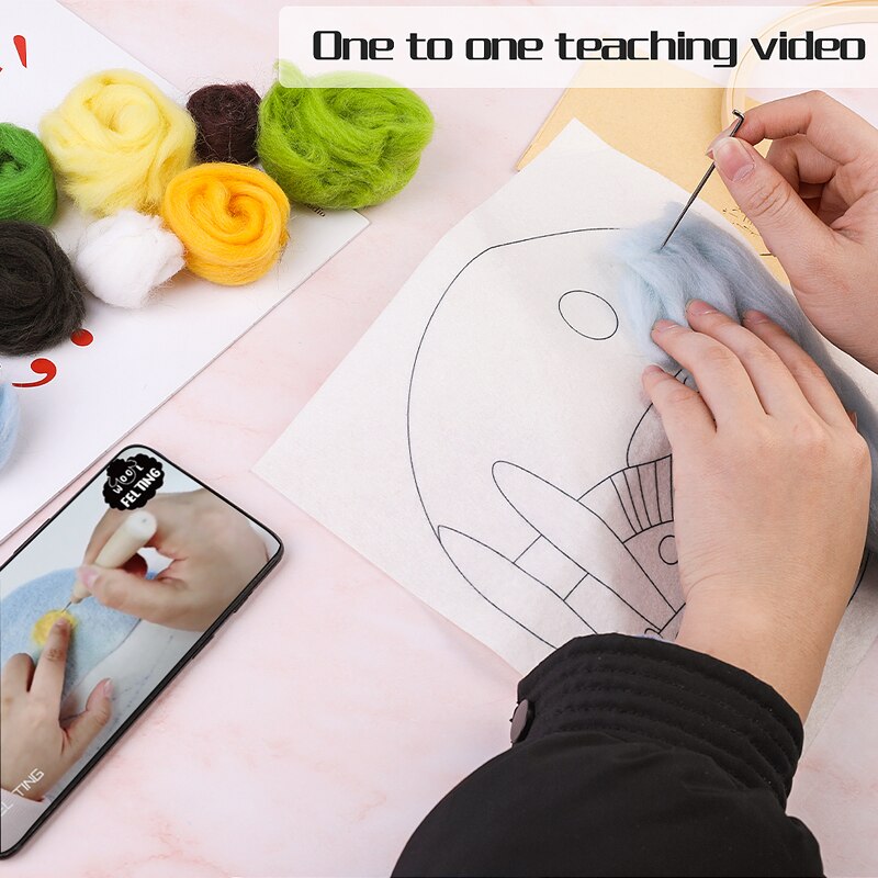 LMDZ 1 Set Landscape Painting Handmade DIY Wool Felting Material with Embroidery Frame Wool Fiber and Instructions