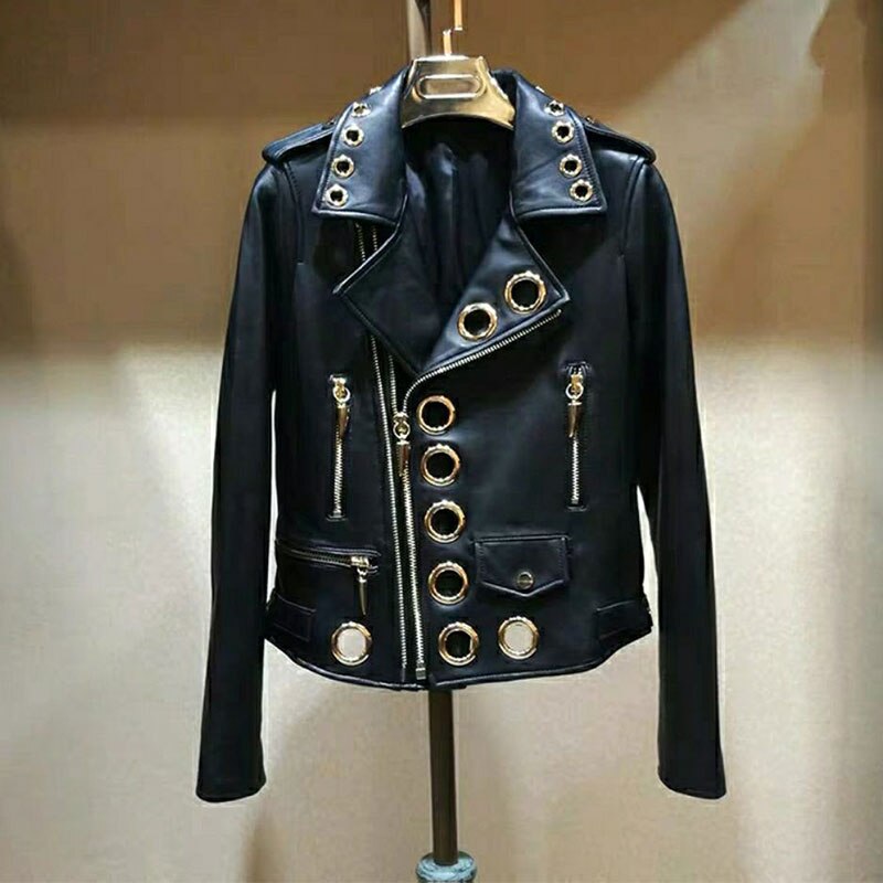 Chaqueta de cuero de las mujeres de Otoño de nueva desenfadada de la PU de cuero de las mujeres chaqueta Casual ropa informal suelta de Metal agujero mujer chaqueta