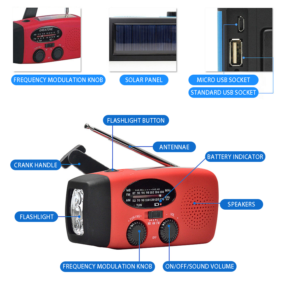 Radio awaryjne 2000 mAh ze światłami LED Radio USB Lampa do ładowania słonecznego Podróż na zewnątrz Przenośne radio FM/AM z możliwością ładowania