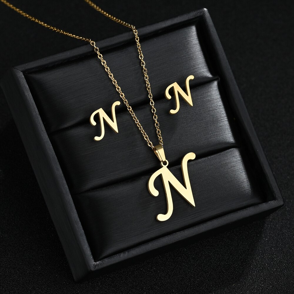 A-Z Edelstahl Ersten Halskette Und Ohrringe Schmuck Sets Alphabet Anhänger Kette Brief Zubehör: N
