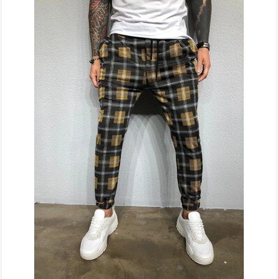 hommes pantalon ajusté à carreaux pantalons décontractés joggeurs Jogging pantalon maigre grande taille hommes pantalon: Asia M / yellow