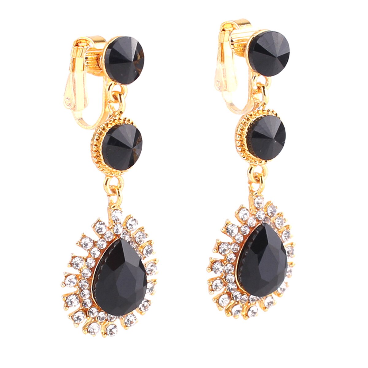 Wenhq 12 Kleuren Hoogwaardige Rhinestone Crystal Tear Shape Clip Op Oorbellen Geen Doorstoken Voor Vrouwen Bruiloft Geen gat Oor Clip: Gold Black