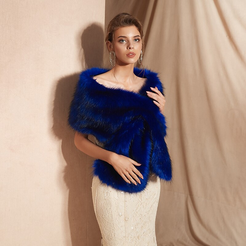 JaneVini bleu Royal hiver fausse Fourrure châle enveloppe de mariée cape femmes boléro Fourrure haussement d'épaules vêtements d'extérieur chauds accessoires de mariage