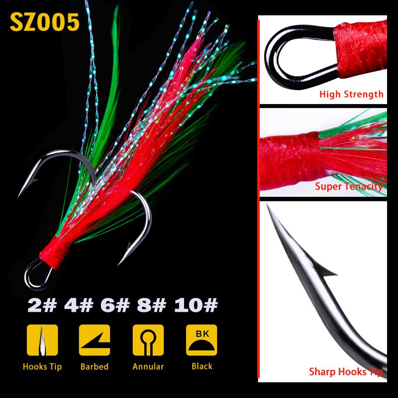 Fishing Hook 5pcs/lot High Carbon Steel Treble Hooks Fishing Jig Head Fishing Hook with Feather Fishing Tackle Fishing Lure: 4 / 8