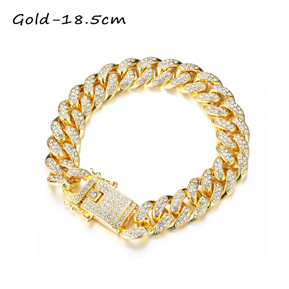 1Pc 14K Vergulde 12Mm Breedte Diamond Cubaanse Armband Luxe Shiny Hip Hop Ingelegd Rhinestone Link Chain vrouwen Mode Armband: Gold-18.5cm