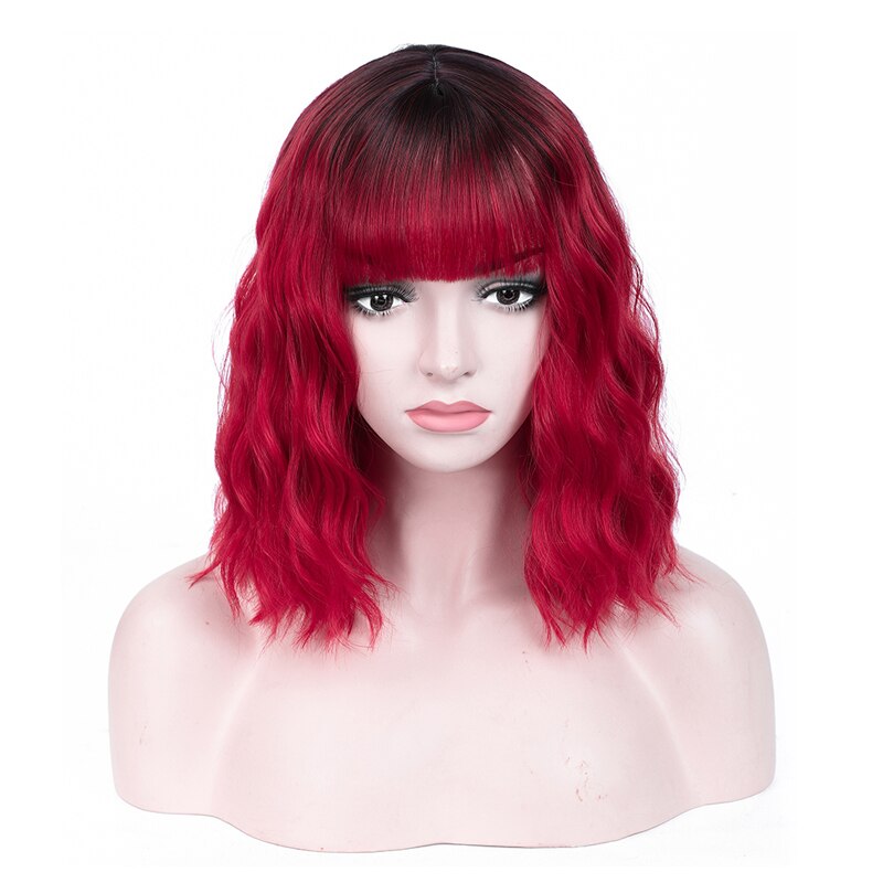 Perucas de cabelo curto ondulado sintético da onda de água com franja fibra resistente ao calor cosplay peruca de cabelo diário preto vermelho azul claro: T1B-Red