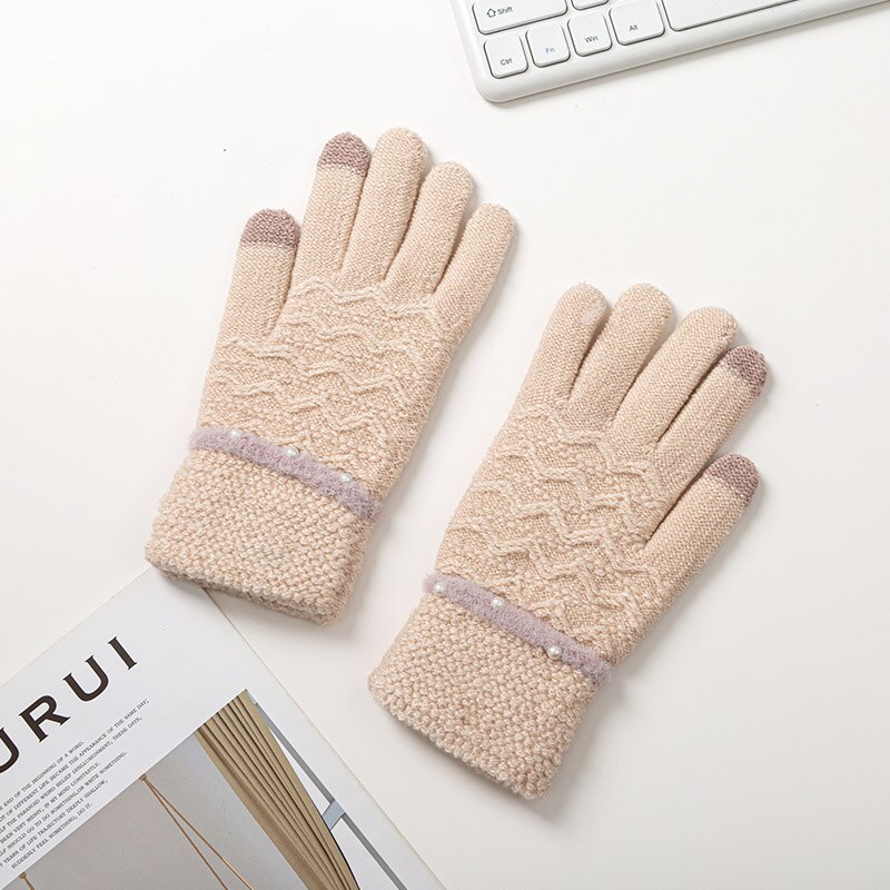 Vinter stickade handskar för kvinnor tjocka varma handskar kvinnlig pärladekoration pekskärm full fingrar handledsvantar damer guantes: Beige