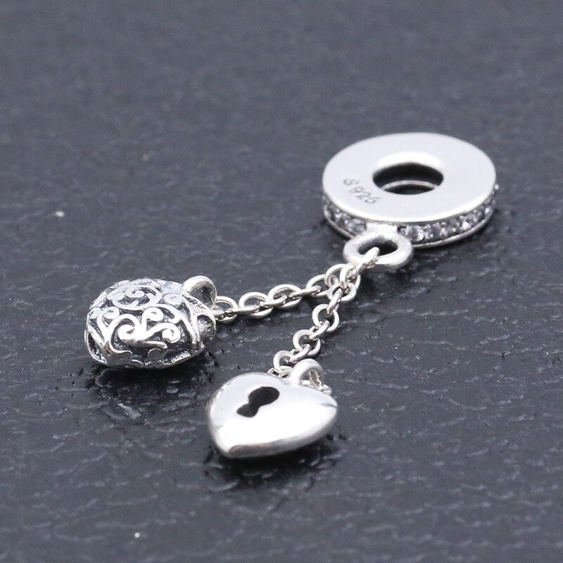 Echt 925 Sterling Silver Charm Vintage Patroon Lock En Hart Geketend Hanger Kralen Passen Pan Armband & Ketting Sieraden