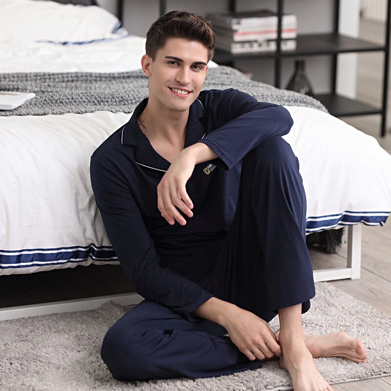Super doux hommes modal nuit-costume couleur unie revers vêtements de nuit homme armée vert automne pyjama ensemble tout coton bleu confortable homecloth