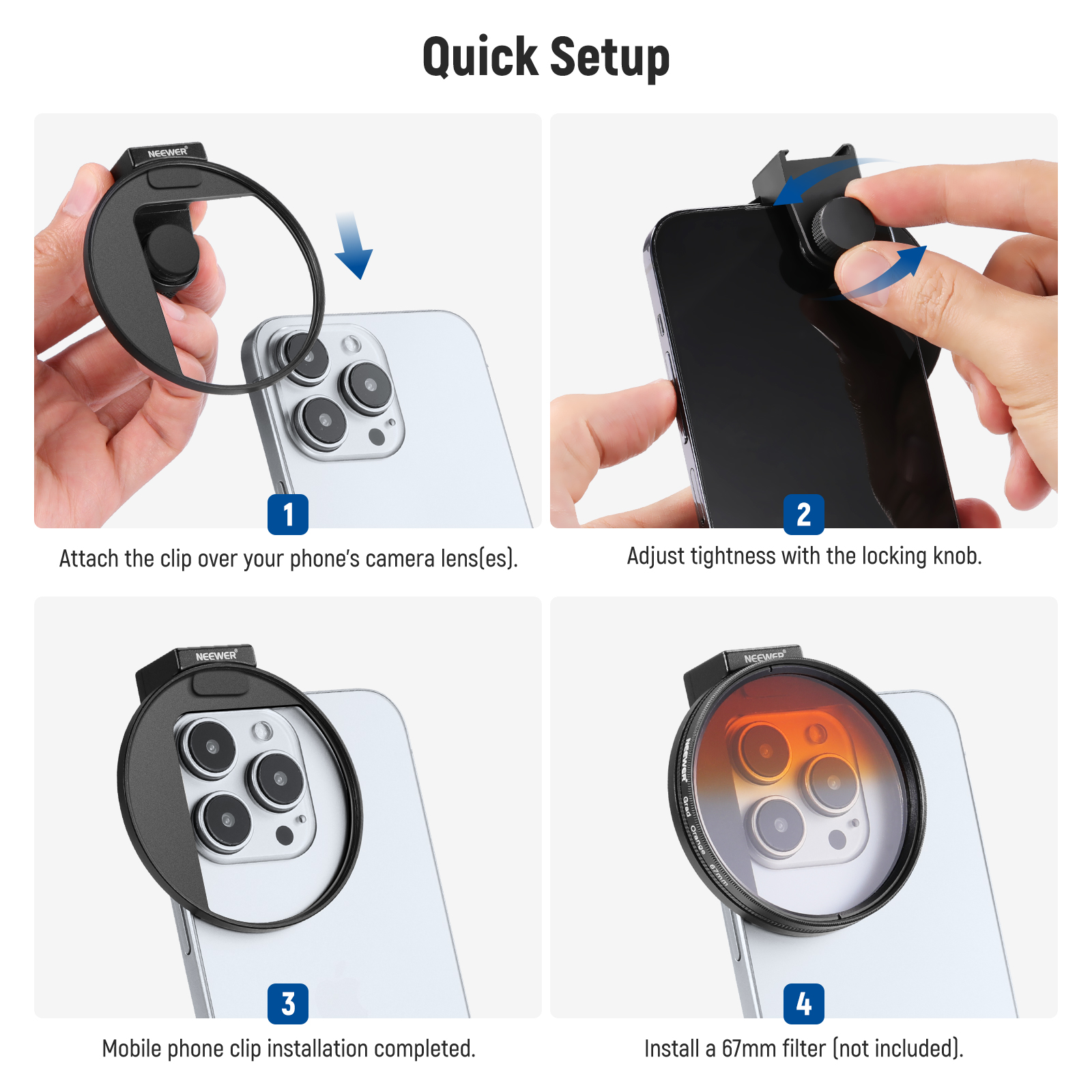 NEEWER 67mm support de filtre de téléphone pince de filtre d'objectif avec support de chaussure froide pour iPhone 15 Pro Max 15 Plus 14 13 Samsung Galaxy