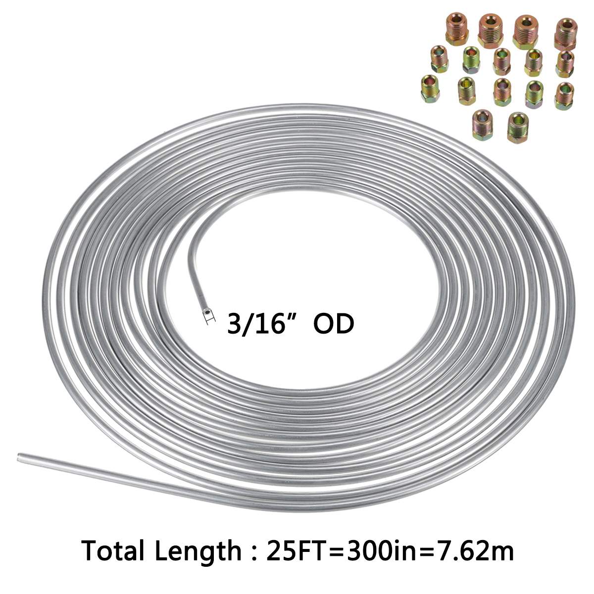 25Ft Coil Roll of 3/16"OD Steel Zinc Brake Transmission Line Fuel Tubing Kit with 16 Fittings Replacement Accessories 7.62m