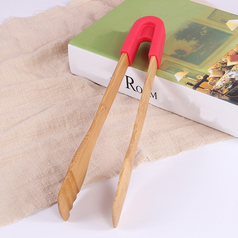 Bamboe Voedsel Tang Salade Taart Snack Clip Grip Broodrooster Tang Siliconen Handvat Brood Tang Gebak Klem Keuken Gereedschap Accessoires: C