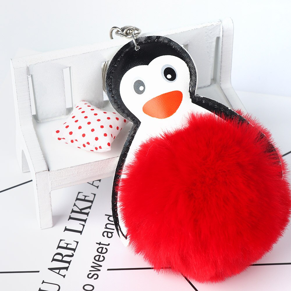 Pluizige bal schattige harige pinguïn sleutelhangers sleutelhanger voor vrouwen meisjes tashanger bont auto sleutelhanger sleutelhangers pompon: Rood
