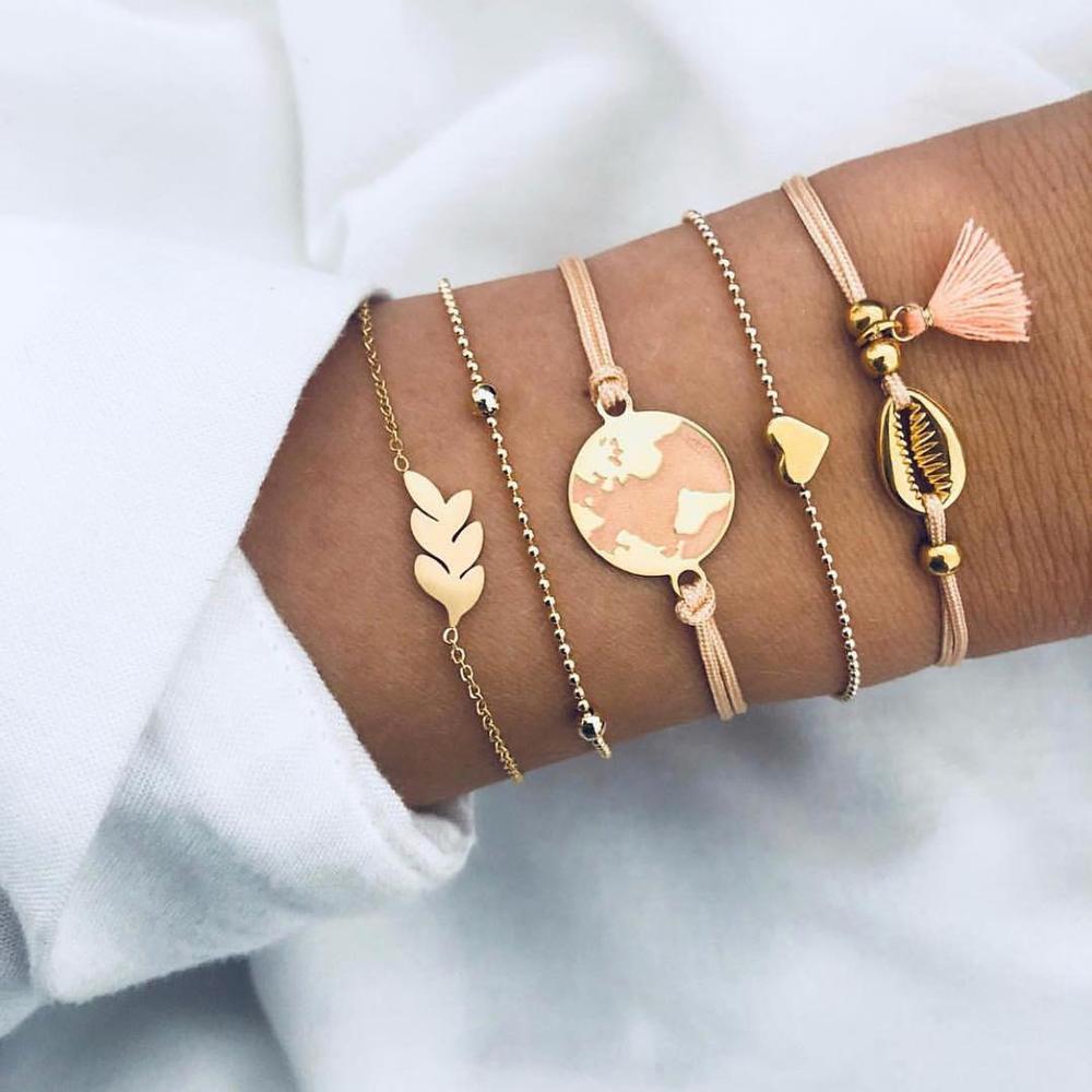 Bohemian Handgemaakte Kralen Ketting Armbanden Set Voor Vrouwen Boom Hart Maan Kompas Charm Bangle Dames Mode-sieraden