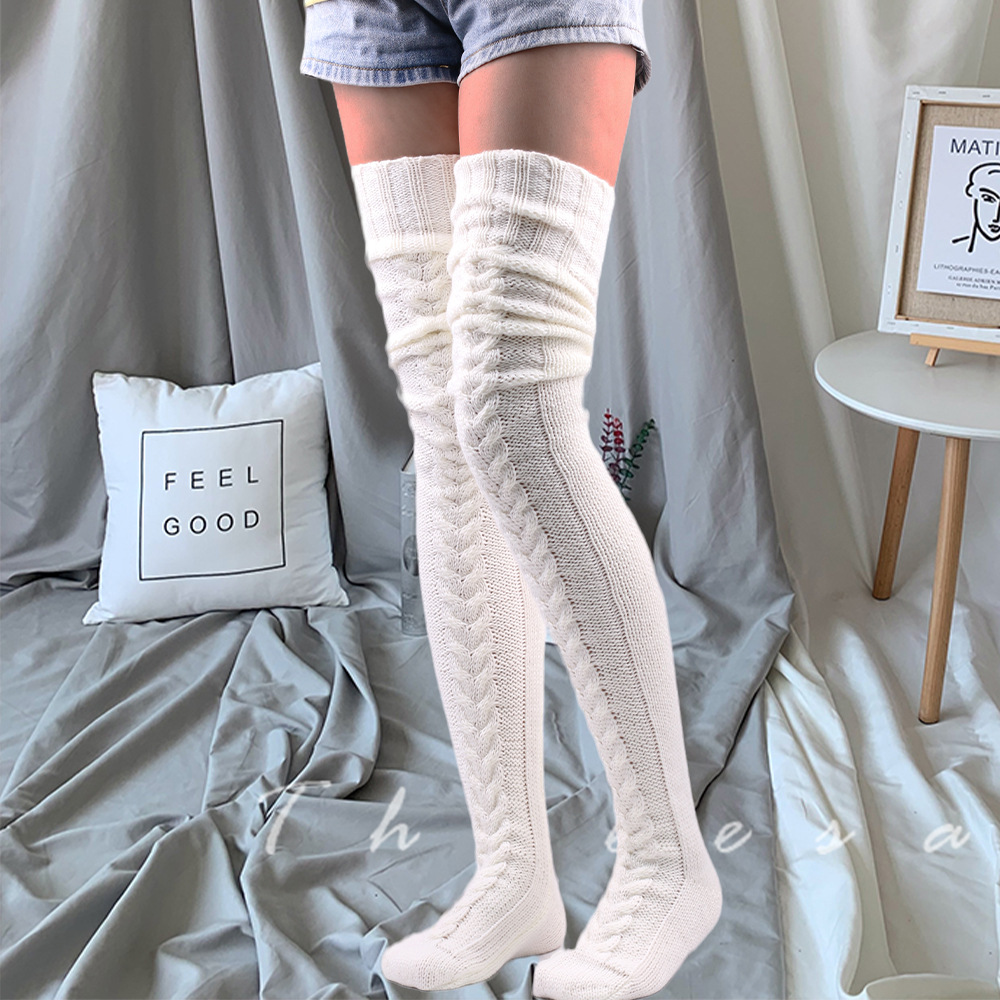 Wełniany ogrzewacz do stóp pończochy jesienne i zimowe jednokolorowe podkolanówki pończochy stos pończochy grube skarpetki damskie Legwarmers: White / M(85 CM)