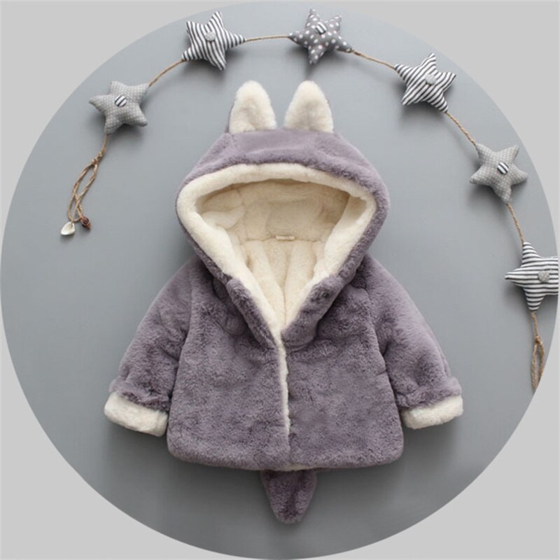 Pluche Baby Meisjes Jas Baby Jas Winter Warme Kinderen Kleding Leuke Oren Capuchon Bovenkleding Furry Thicken Peuter Jongens Overjas