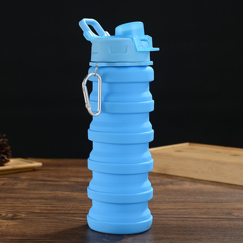 Colorful Water Bottle 500ML Leakproof Fold Silicone Kettle Outdoor Mountaineer Hiking Office Camping Portable Kids Water Bottle: Blue