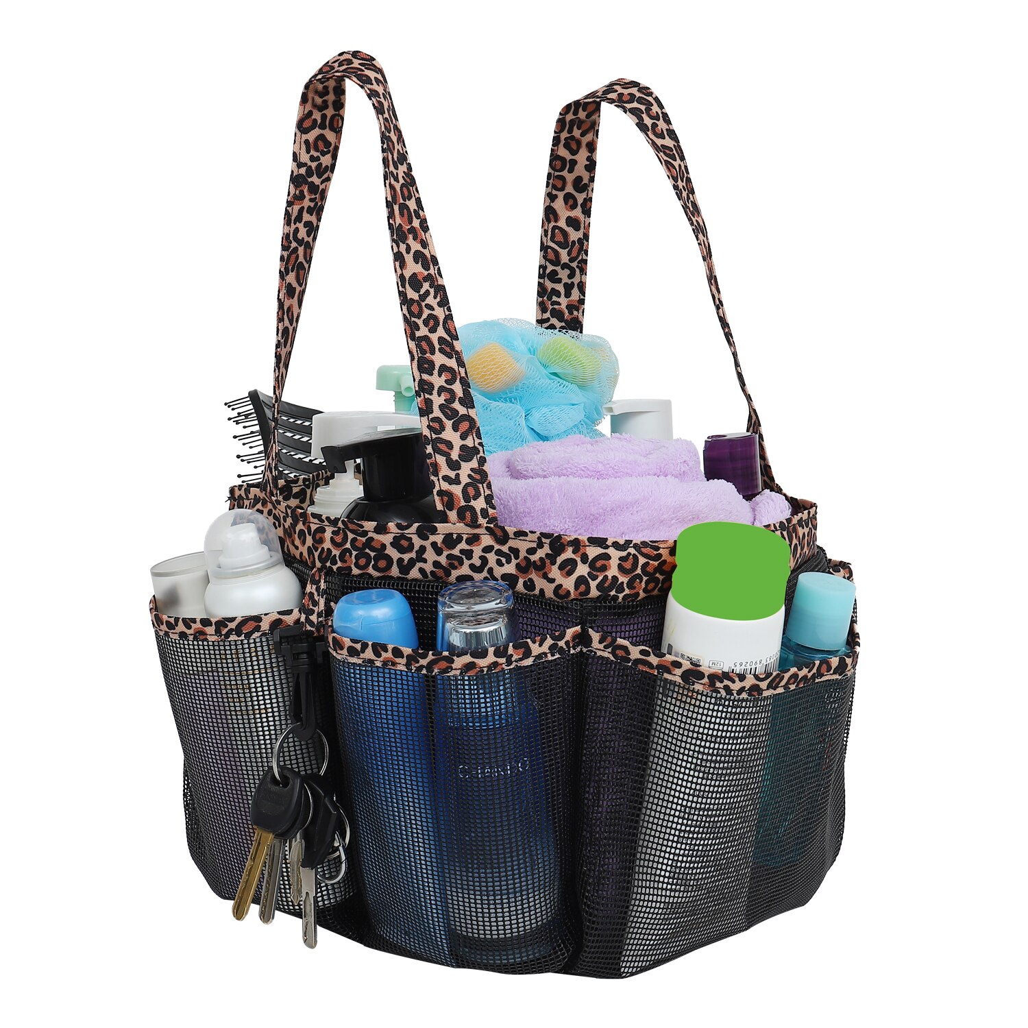 Mesh Shower Caddy Tote for College Dorm Room Essentials, Hanging Large Portable Bag Toiletry Organizer with Key Hook: Leopard Pattern