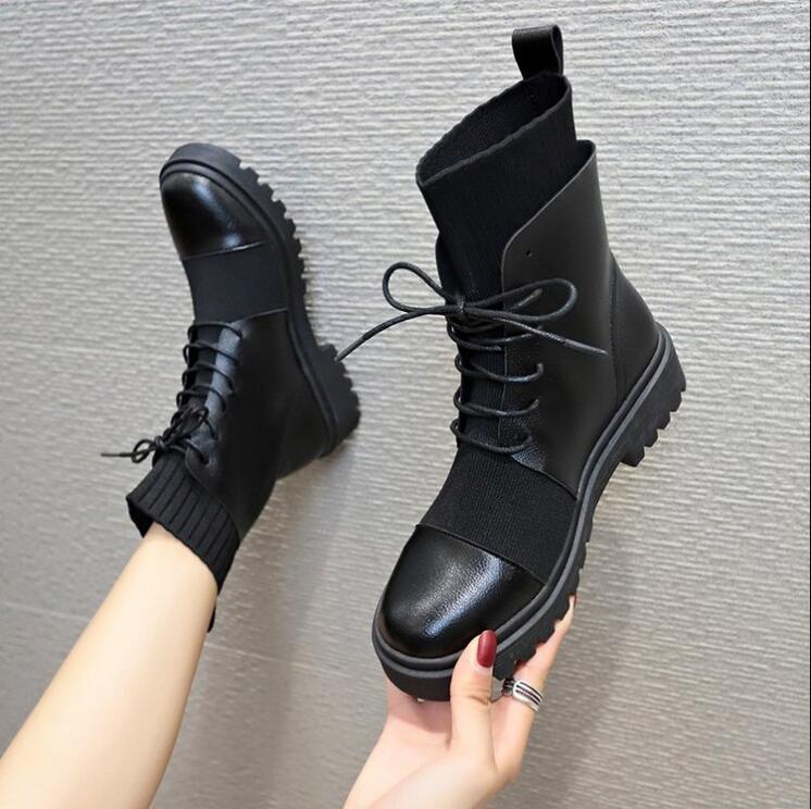 Primavera botas Mujer Zapatos Mujer botas plana redonda PU botines primavera encaje elástico botas negras botas cómodas: 38