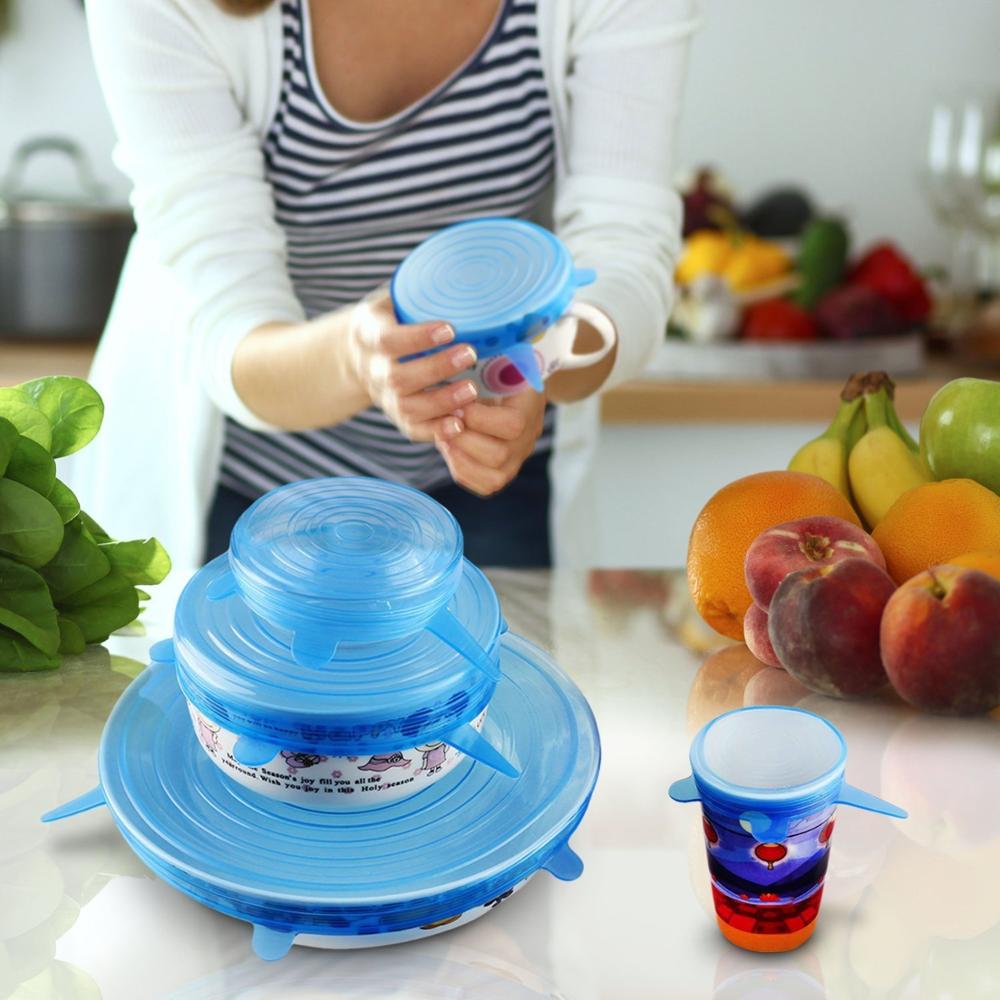 6 pc/set multifuncional manter fresco selo silicone tampas de alimentos acessórios de cozinha stretchable plástico embalagem de alimentos envoltório tigela tampa